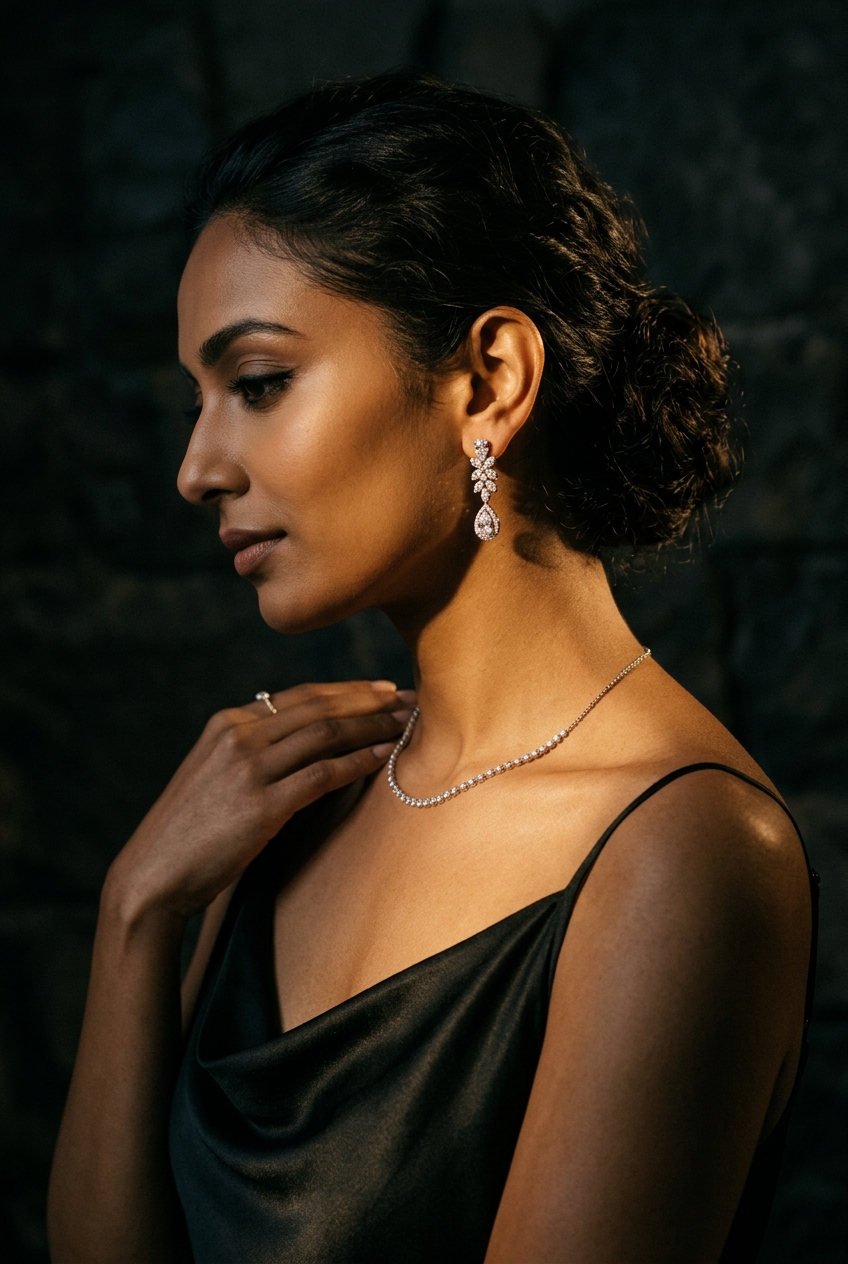 Model wearing lab grown diamond drop earrings and a lab grown diamond necklace